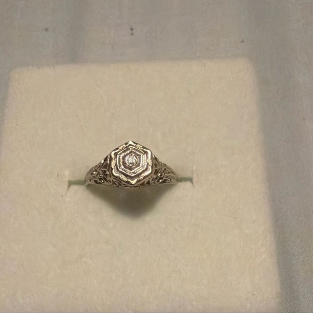 Vintage 14k White Gold Ring w/ .01ct Old Mine Cut Diamond Filigree Ring